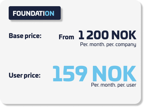 Pricing overview for the ONwork Foundation package. Base price from 1,200 NOK per month per company and user price 159 NOK per month per user.