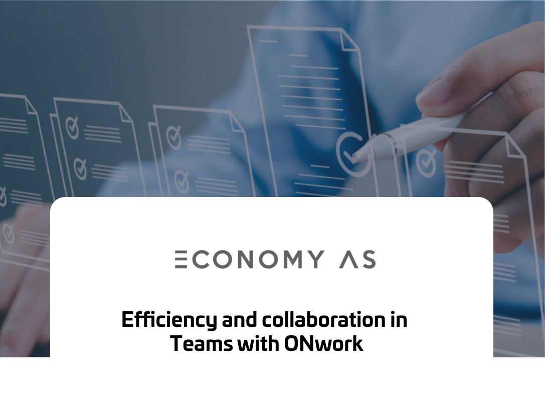 A digital representation of document management and workflow automation, featuring the ECONOMY AS logo. The banner text reads "Efficiency and collaboration in Teams with ONwork", emphasizing ONwork's role in enhancing project management, communication, and efficiency within Microsoft Team