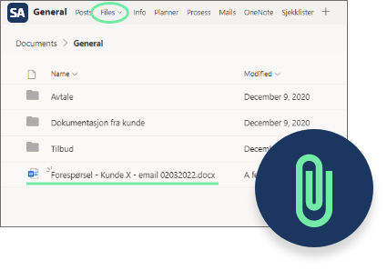 Screenshot of a file tab in ONwork displaying stored and accessible documents, including an icon representing attachments.