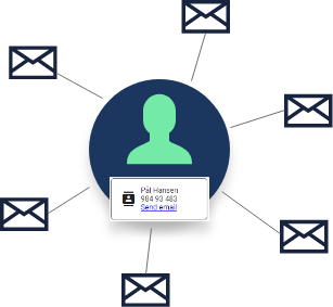 llustration of a contact profile connected to multiple email icons, showcasing centralized communication and contact management in ONwork.