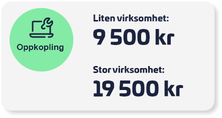 Grafisk element som viser prisalternativer for oppsett. Inkluderer et ikon av et verktøy og teksten 'Oppsett'. Priser: 'Liten virksomhet: 9 500 NOK' og 'Stor virksomhet: 19 500 NOK'.