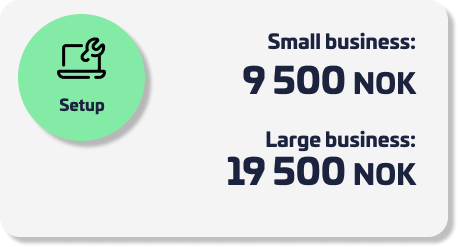 Graphic element displaying setup pricing options. Includes an icon of a tool and the text 'Setup'. Prices: 'Small business: 9,500 NOK' and 'Large business: 19,500 NOK'.