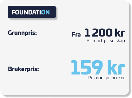 Prisoversikt for ONwork Foundation-pakken. Grunnpris fra 1 200 NOK per måned per selskap og brukerpris 159 NOK per måned per bruker.