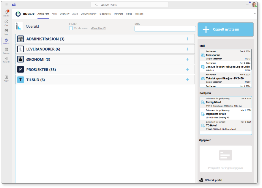 Screenshot of the ONwork interface displaying a team management overview. Categories include Administration, Suppliers, Finance, Projects, and Offers, with associated emails and approvals visible in a side panel.